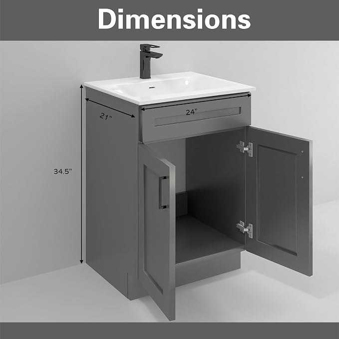 Grey Shaker Sink Base Bathroom Vanity 24"/30"/36" Width (24" Width)