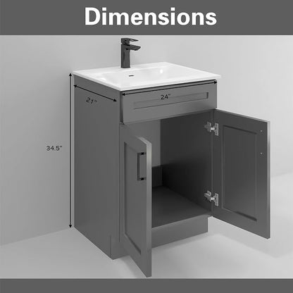 Grey Shaker Sink Base Bathroom Vanity 24"/30"/36" Width (24" Width)