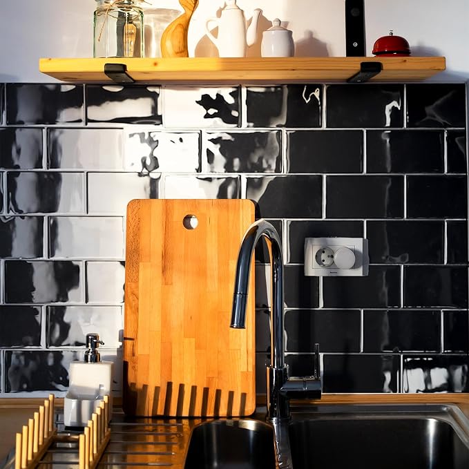 Art3d Faux Ceramic Subway Tile, Peel and Stick Backsplash, 10-Pack, Black | 12.6 x 10.6 in, Thickened Design, Heavy-Duty, Strong Adhesive, for Kitchen, Bedroom, Countertop Decor, Ideal for Home Upgrade