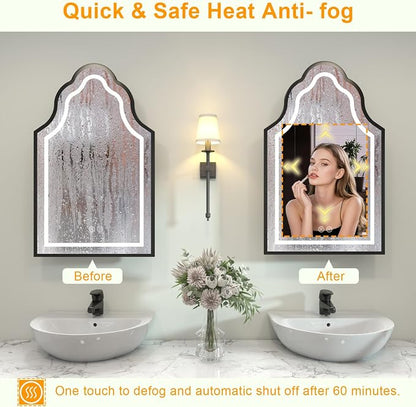 Black Lighted Medicine Cabinet with Mirror, 20''x32'' Surface or Recessed Irregular Bathroom Mirrors with Storage, Anti-Fog Dimmable LED Medicine Cabinet for Bathroom, 3 Color Temperature