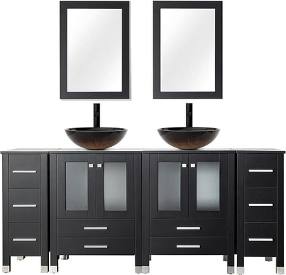 LUCKWIND 72" Bathroom Vanity Sink Combo, Double 24" Main Cabniets with Two 12.6" Side Cabinets, Painted Bathroom Storage Cabinet, Including Black Bowl Sinks, Faucets Without Mirror, Black