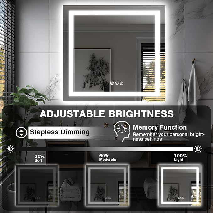 EchosLife 36"x36" Square LED Bathroom Mirror | Backlit + Front Lit, Anti-Fog, Stepless Dimmable, 3 Colors, Memory, Tempered Glass, UL Listed, Horizontal/Vertical