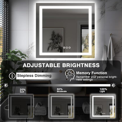 EchosLife 36"x36" Square LED Bathroom Mirror | Backlit + Front Lit, Anti-Fog, Stepless Dimmable, 3 Colors, Memory, Tempered Glass, UL Listed, Horizontal/Vertical