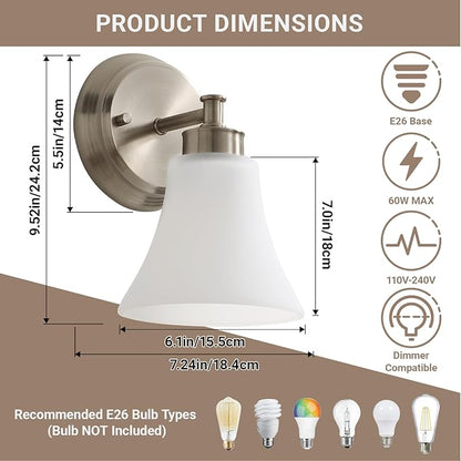 LOUSACE 2 Pack 1-Light Brushed Nickel Bathroom Lighting Fixtures Vintage Bathroom Vanity Lights with Opal White Glass, Set of 2 Single Vanity Wall Sconces for Side Mirror Cabinet Stairs Living Room