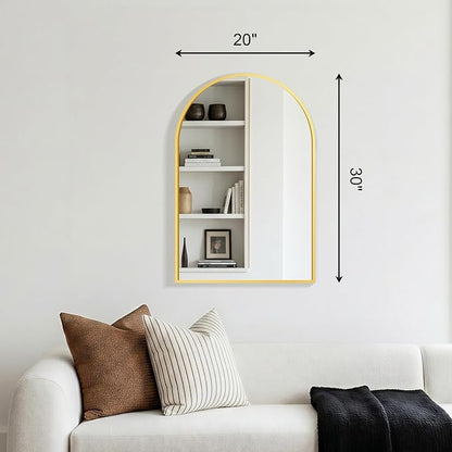 FGU Arched Bathroom Mirror for Over Sink 30"x20" Gold Vanity Mirror | Wall Mounted, HD Tempered Shatter-Proof Glass, Rust-proof Arched Metal Frame, Arch Mirror for Bedroom, Living Room, Entryway