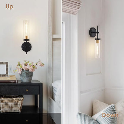 Black and Gold Hardwired Wall Sconces Set of 2, Modern Bathroom Vanity Sconces Wall Lighting with Clear Glass Shade, Farmhouse Wall Mount Lights for Mirror Bedroom Living Room Hallway Kitchen