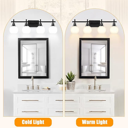 4-Light Modern Vanity Lighting Fixtures, Bathroom Wall Mounted Vanity Light,Black Bathroom Lighting Fixtures Over Mirror with Milky White Glass Lampshade for Bedroom, Living Room