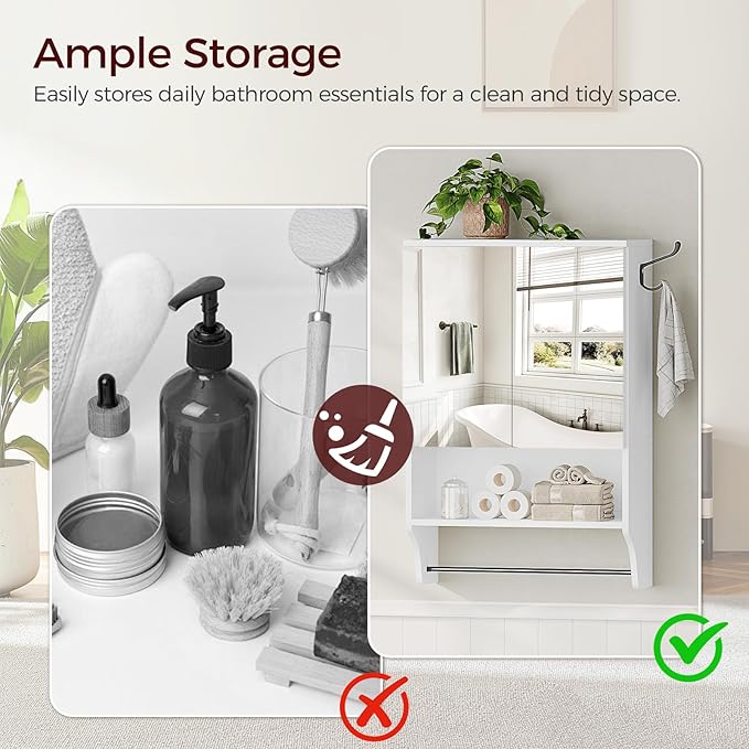 Bathroom Wall Cabinet with Mirror, Medicine Cabinet with 2 Door and Adjustable Shelf, Wall Mounted Over The Toilet Storage Cabinet for Bathroom Laundry Room Kitchen, 18.9"W x 26.2"H, White