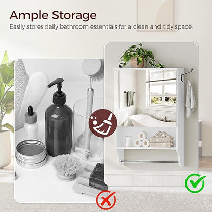 Bathroom Wall Cabinet with Mirror, Medicine Cabinet with 2 Door and Adjustable Shelf, Wall Mounted Over The Toilet Storage Cabinet for Bathroom Laundry Room Kitchen, 18.9"W x 26.2"H, White