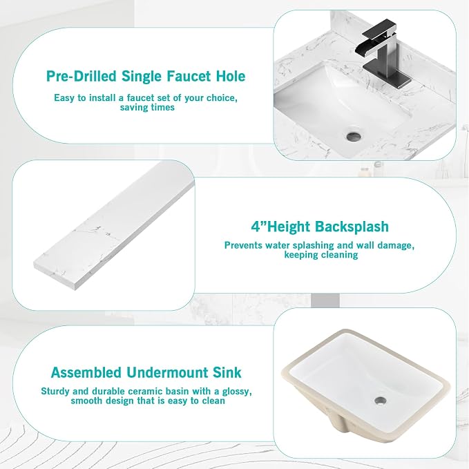 24"x22" Engineered Stone Bathroom Vanity Top with Rectangular Undermount Ceramic Sink, Single Faucet Hole with Backsplash Bathroom Vanity Sink Top (Cabinet Not Included)