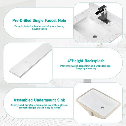 24"x22" Engineered Stone Bathroom Vanity Top with Rectangular Undermount Ceramic Sink, Single Faucet Hole with Backsplash Bathroom Vanity Sink Top (Cabinet Not Included)