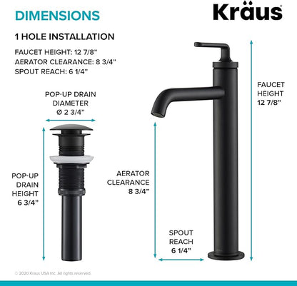KRAUS Ramus Single Handle Vessel Sink Bathroom Faucet with Pop-Up Drain in Matte Black, KVF-1220MB