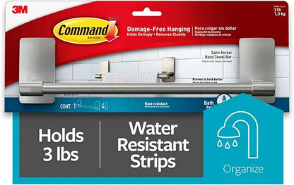 Command Hand Towel Bar Satin Nickel with 4 Water Resistant Command Strips,9" Hand Towel Holder,Holds up to 3 lb,Great for Bathroom Décor on The Wall,Inside The Cabinet,or in-The Shower,(Pack of 8)