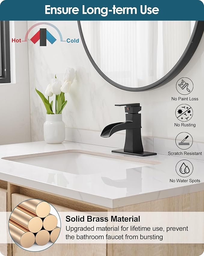 Waterfall Bathroom Faucet Black, Brass Bathroom Faucets One Hole or 3 Hole 4 Inch, Single Handle with Deck Plate & Water Hoses for Morden Lavatory Vanity RV, Not Equipped Pop-up Drain