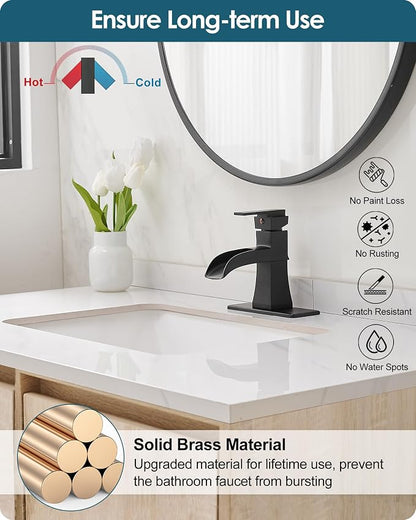 Waterfall Bathroom Faucet Black, Brass Bathroom Faucets One Hole or 3 Hole 4 Inch, Single Handle with Deck Plate & Water Hoses for Morden Lavatory Vanity RV, Not Equipped Pop-up Drain