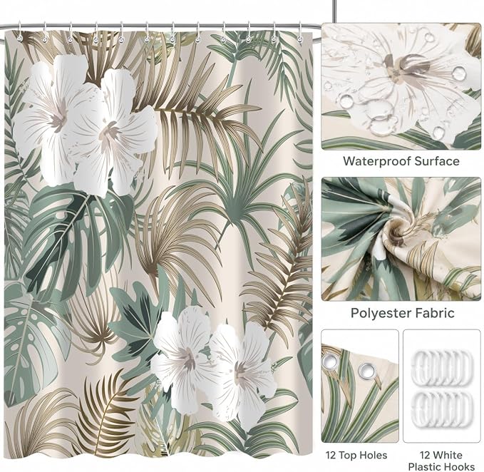 Tropical Shower Curtain for Bathroom, Green Palm Tree Flower Plant Boho Leaf Banana Monstera Sage Beige Shower Curtains Set, Fabric Bathroom Accessories with Hooks 72x78 Inch