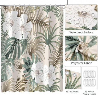 Tropical Shower Curtain for Bathroom, Green Palm Tree Flower Plant Boho Leaf Banana Monstera Sage Beige Shower Curtains Set, Fabric Bathroom Accessories with Hooks 72x78 Inch