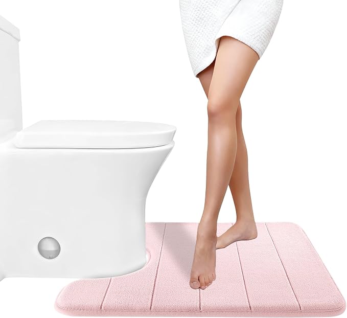 Yimobra Memory Foam Toilet Bath Mat U-Shaped, 24 X 20 Inches,Soft and Comfortable, Super Water Absorption, Non-Slip, Machine Wash and Easier to Dry for Bathroom Commode Contour Rug, Pink