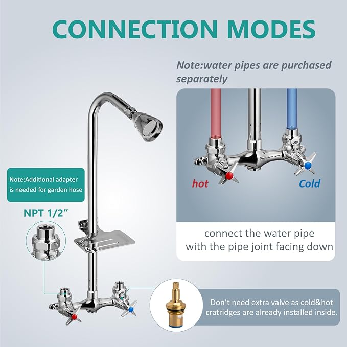 Aolemi Outdoor Shower Kit,2-Handle with Soap Dish,Polish Chrome | Solid Brass Showerhead and Valve,SUS304 Riser,6-Inch Centers,Soap Dish,Reversible Upward/Downward Exposed Shower Install