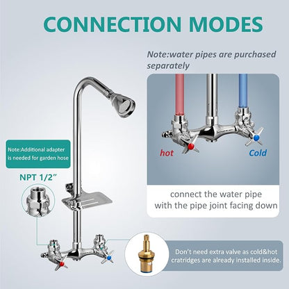Aolemi Outdoor Shower Kit,2-Handle with Soap Dish,Polish Chrome | Solid Brass Showerhead and Valve,SUS304 Riser,6-Inch Centers,Soap Dish,Reversible Upward/Downward Exposed Shower Install