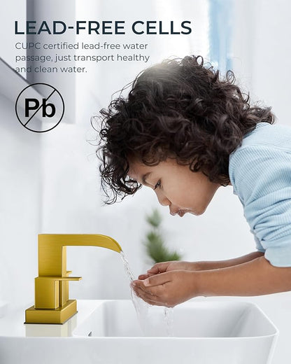 FORIOUS Square Brushed Gold Bathroom Faucets for 2 Hole or 3 Hole, Waterfall 4 Inch Centerset Bathroom Sink Faucet with Metal Pop-up Drain and Supply Lines, Two Handles for Vanity, Laundry Room, Basin