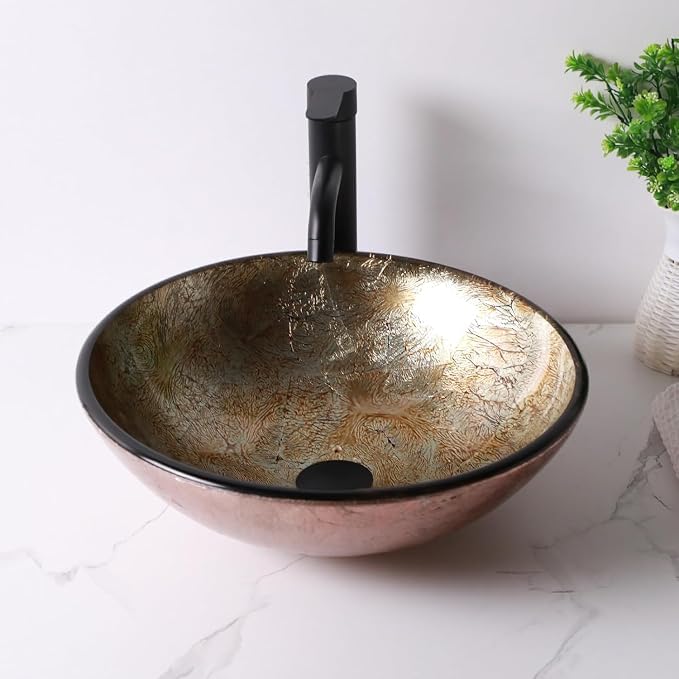 Sarlai Bathroom Vessel Sink Tempered Glass Round Vessel Sink with Faucet and Pop-up Drain Combo 16-1/2 x 16-1/2 Inch Yellow Countertop Bathroom Sink Basin