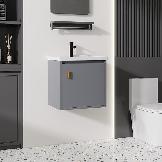 20'' Bathroom Vanity with Ceramic Sink Combo, Wall Mounted Small Bathroom Vanity with Soft-Close Door Modern Floating Cabinet, Pop-up Drain, P-Trap Included, Gray(No Faucet)