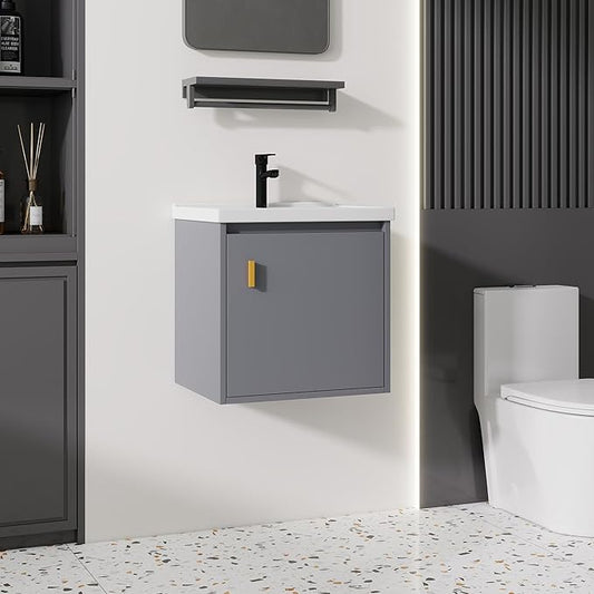 20'' Bathroom Vanity with Ceramic Sink Combo, Wall Mounted Small Bathroom Vanity with Soft-Close Door Modern Floating Cabinet, Pop-up Drain, P-Trap Included, Gray(No Faucet)