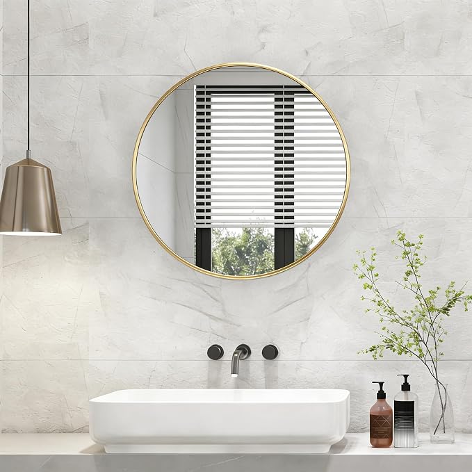NEWBULIG 24 Inch Round Wall Mirror, Bathroom Mirrors for Over Sink | Metal Framed Circle Vanity Mirror, Wall Decor for Bedroom, Entryway, Anti-Rust, Tempered Glass, Hanging or Leaning, Gold