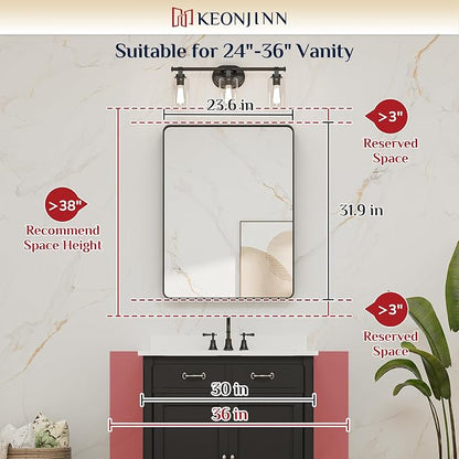 Keonjinn 24 x 32 Inch Brushed Gold Bathroom Vanity Mirror, Tempered Glass | Brass Bathroom Mirrors for over Sink, Anti-Rust Aluminum Frame, Rounded Rectangle, French Cleat Mount, Clear Reflection