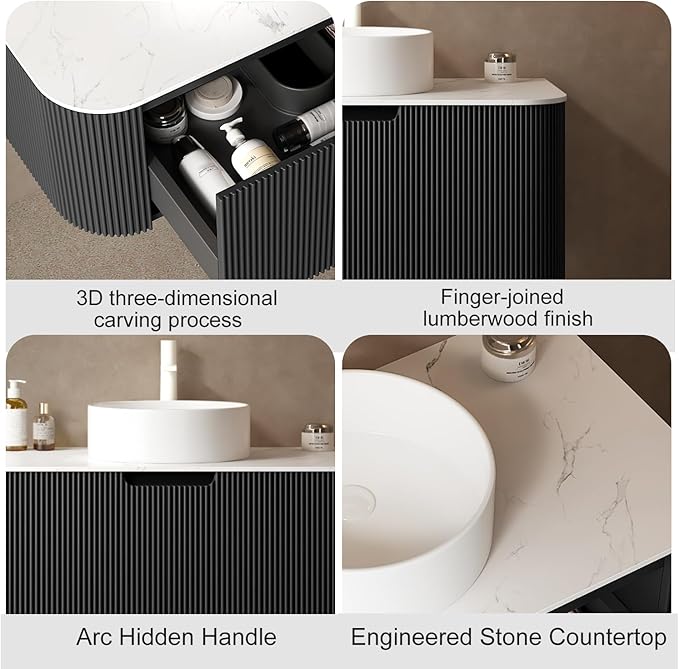 36 inch Floating Bathroom Vanity with Sink, Natural Solid Wood Modern Bathroom Vanities with Ultra-Thin Ceramic Basin and Marble Top, Soft-Close Design, Pre-Assembled, Gloss Black
