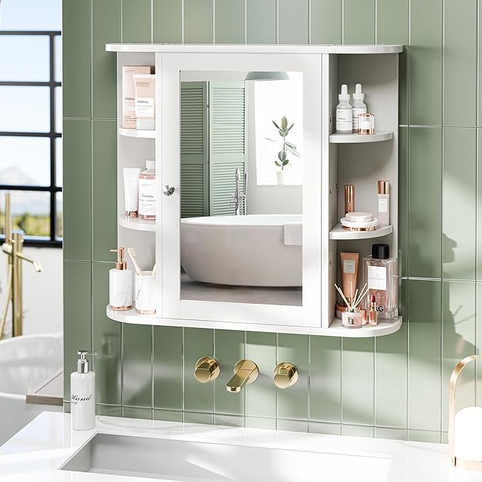 Bathroom Medicine Cabinet, Bathroom Mirror Cabinet Wall Mounted with 6 Side Open Shelves, White Wall Cabinet with Mirror, White