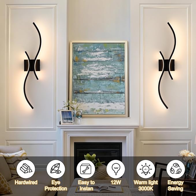 CANEOE Modern LED Wall Sconce Set of Two, 3000K Warm White Led Wall Light Fixture, 31.5inch Black Modern Sconces Wall Lighting for Bedroom, Living Room, Hallway, Staircase, Bathroom