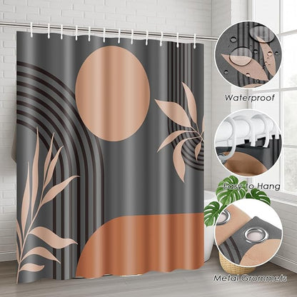 Bathroom Sets with Shower Curtain and Rugs, 4 Pcs, Boho Mid Century | Abstract Modern Minimalist Bathroom Decor Set with Toilet Lid Cover, Non-Slip Bath Mats and Accessories 12 Hooks
