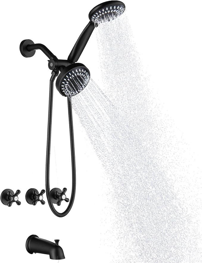3 Handle Tub and Shower Faucet Set, Three Handle Shower Faucet with Tub Spout 3 Knob Bathtub Faucet Trim Kit with Valve, Matte Black
