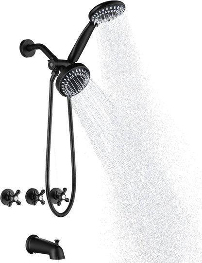 3 Handle Tub and Shower Faucet Set, Three Handle Shower Faucet with Tub Spout 3 Knob Bathtub Faucet Trim Kit with Valve, Matte Black