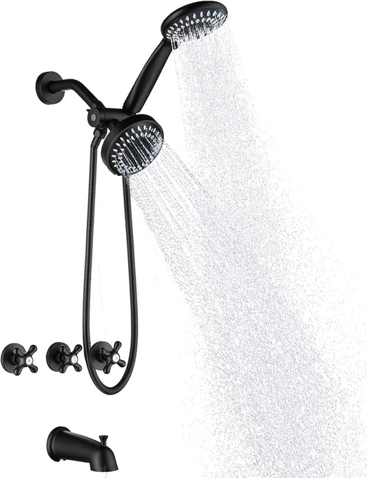 3 Handle Tub and Shower Faucet Set, Three Handle Shower Faucet with Tub Spout 3 Knob Bathtub Faucet Trim Kit with Valve, Matte Black