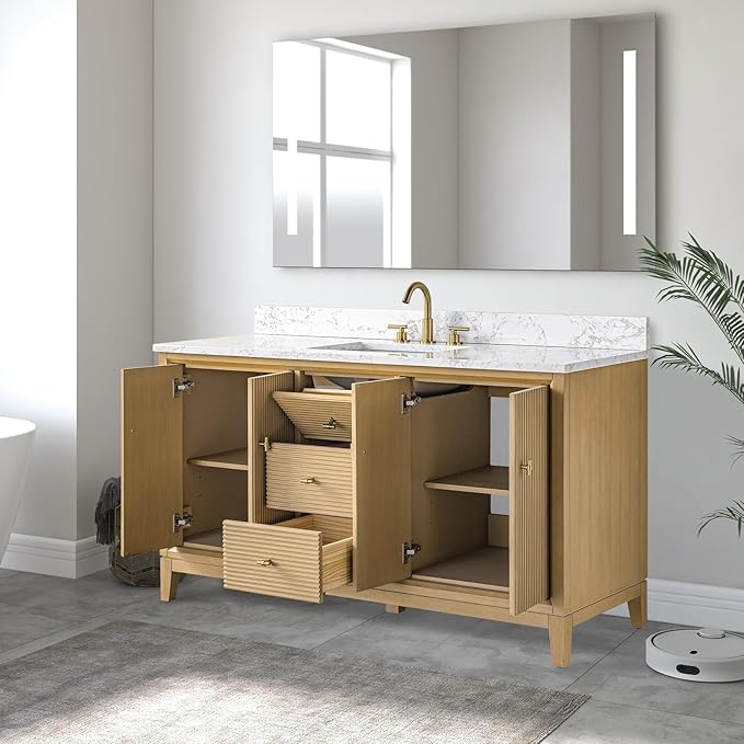 Vanity Art 60" Bathroom Vanity with Single Sink & Arabescato White Engineered Stone Top, Vanity Cabinet with Soft Closing Door, Solid Wood Frame, Golden Brushed Handles, Natural Oak VA8160S-NO-GB