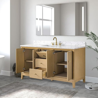 Vanity Art 60" Bathroom Vanity with Single Sink & Arabescato White Engineered Stone Top, Vanity Cabinet with Soft Closing Door, Solid Wood Frame, Golden Brushed Handles, Natural Oak VA8160S-NO-GB
