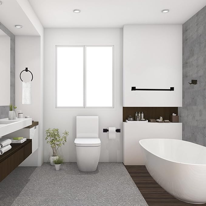 Design House Millbridge 4-Piece Bathroom Accessory Set, Matte Black, Includes Towel Bar, Towel Ring, Toilet Paper Holder, and Robe Hook – Design House, 534628