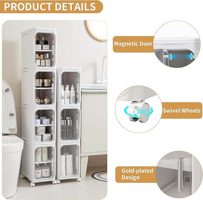 5-Tier Plastic Tall Narrow Storage Cabinet with Adjustable Shelves and Movable Wheels, Magnetic Doors, Slim Bathroom Storage for Small Space, Bathroom, Kitchen, White