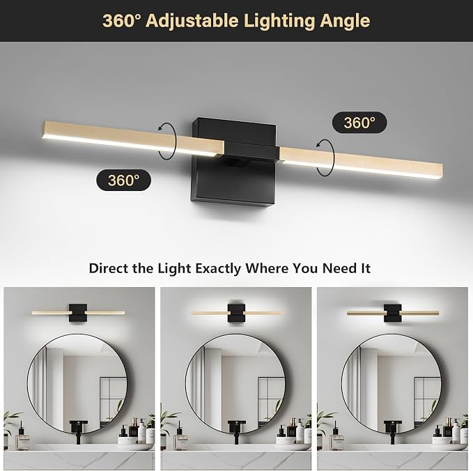 Black Gold Bathroom Vanity Light, 24 Inch LED Light Bar Over Mirror | Modern Bathroom Light Fixture Over Mirror for Vanity, 360° Rotatable Dimmable LED Wall Mounted Lighting, ETL Certified