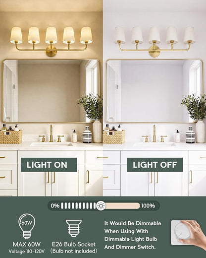 5-Light Brushed Gold Bathroom Vanity Light with Linen Fabric Shade | 35 Inch gold bathroom light fixture over mirror, UL listed, E26 bulbs, hardwired, upward only, VL837-BG-A-5