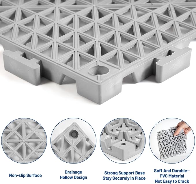 12PCS Drainage Interlocking Floor Tiles 11.8" x 11.8", Modular Interlocking Cushion Soft PVC Floor Non-Slip Splicing Waterproof Mat for Pool, Shower, Patio, Balcony, Bathroom, Kitchen, Yard（Grey）