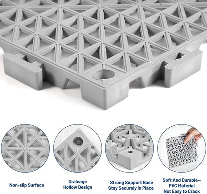 12PCS Drainage Interlocking Floor Tiles 11.8" x 11.8", Modular Interlocking Cushion Soft PVC Floor Non-Slip Splicing Waterproof Mat for Pool, Shower, Patio, Balcony, Bathroom, Kitchen, Yard（Grey）