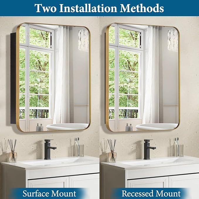 20’’x26’’ Medicine Cabinet,Metal Framed Medicine Cabinet Mirror with Round Corner,Recessed and Surface Mount Bathroom Mirror with Storage, Removeable Shelves,Gold