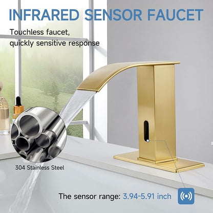 Touchless Bathroom Faucet Touchless Bathroom Sink Faucet with Control Box, Automatic Sensor Vanity Faucets and Temperature Mixer Hole Cover Plate for Easy Installation,Gold