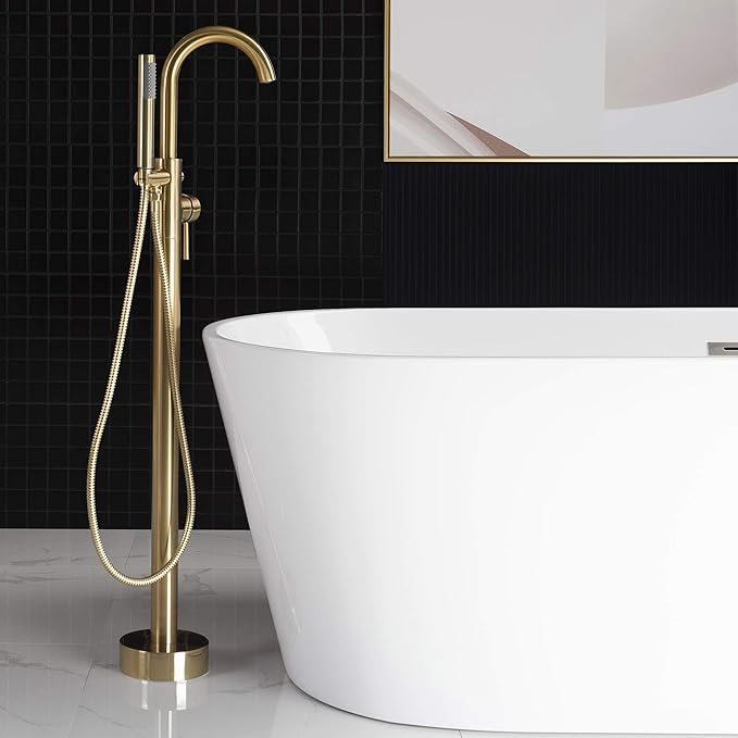 WOODBRIDGE Contemporary Single Handle Floor Mount Freestanding Tub Filler Faucet with Hand shower in Brushed Gold Finish, F0007BGRD