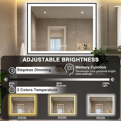 EchosLife 51x40 Bathroom Light up Mirror, Black Framed Double Lights Mirror | Black Frame, Front and Backlit, Anti-Fog, Stepless Dimmable, 3 Colors, Memory, Tempered Glass, UL Listed, Horizontal/Vertical