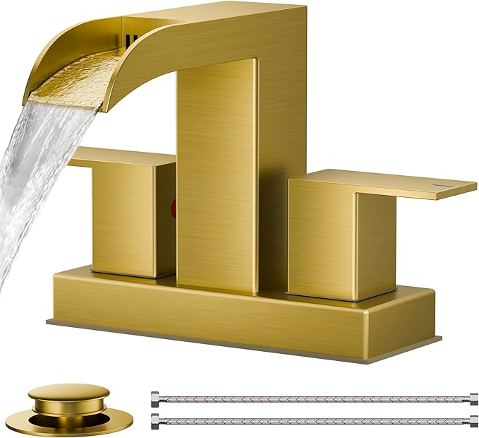 FORIOUS Square Brushed Gold Bathroom Faucets for 2 Hole or 3 Hole, Waterfall 4 Inch Centerset Bathroom Sink Faucet with Metal Pop-up Drain and Supply Lines, Two Handles for Vanity, Laundry Room, Basin